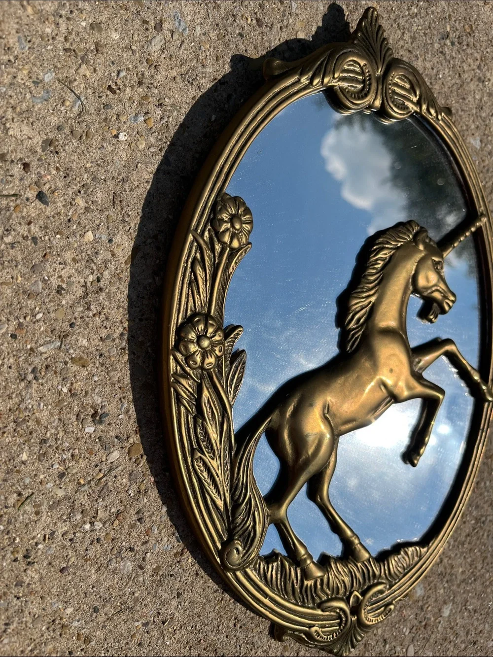 Vtg MCM Solid Brass Unicorn Accent Wall Mirror W/Floral Design Mythical W/Box